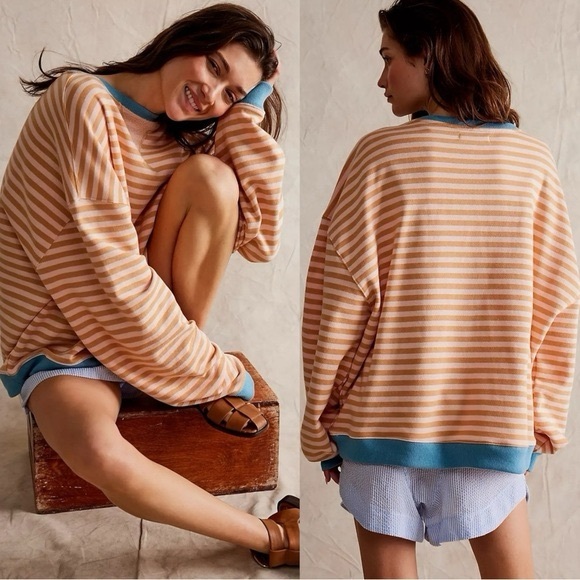 We The Free Tops - Sz S Free People We the Free Classic Striped Crew Latte Combo peach blue